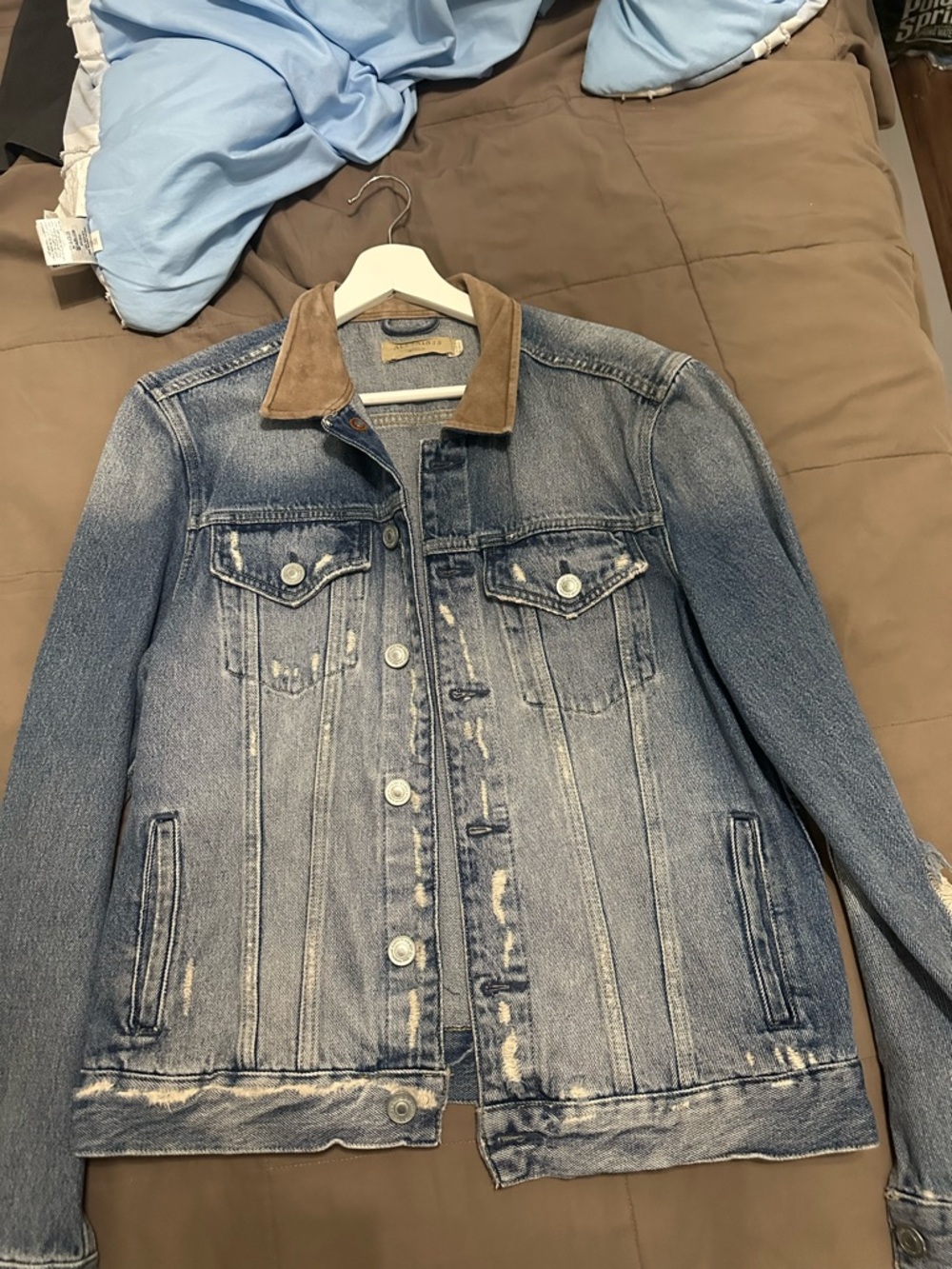 Men's Light Blue Denim Jacket with Brown Corduroy Collar